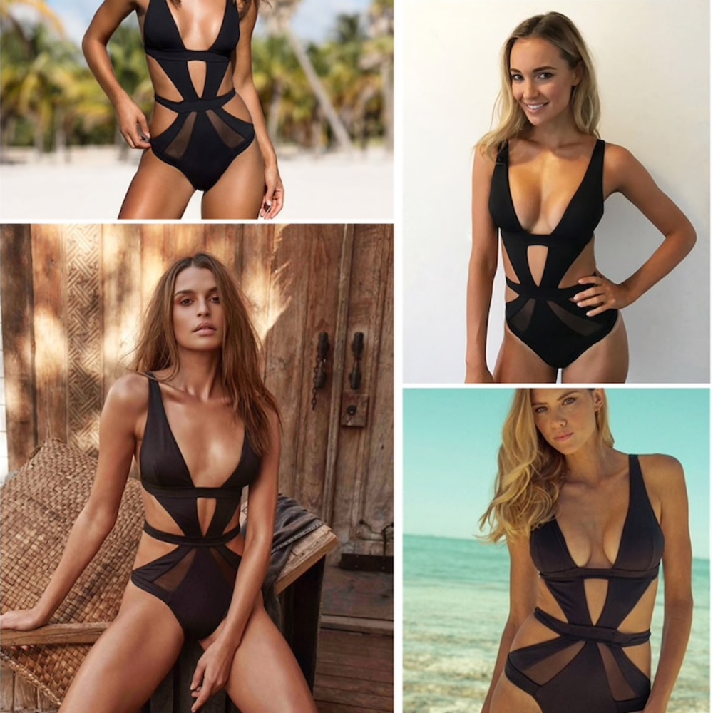 Strappy Mesh Detail One Piece Swimsuit Black - Picture 4 of 8